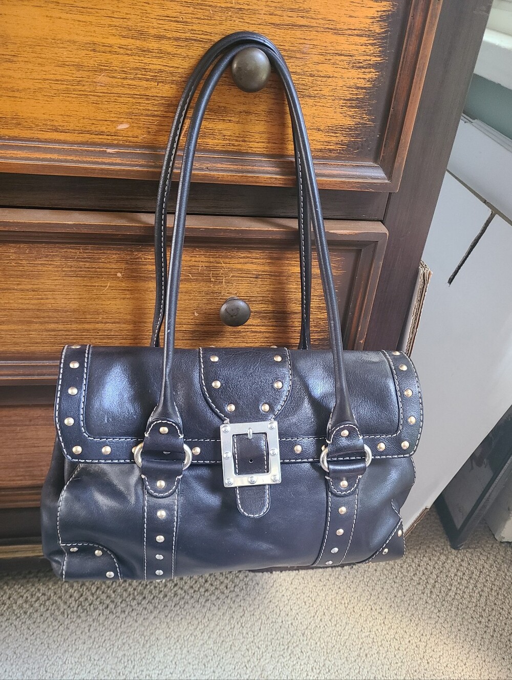Michael Kors Astor Collection black leather studded satchel shoulder bag